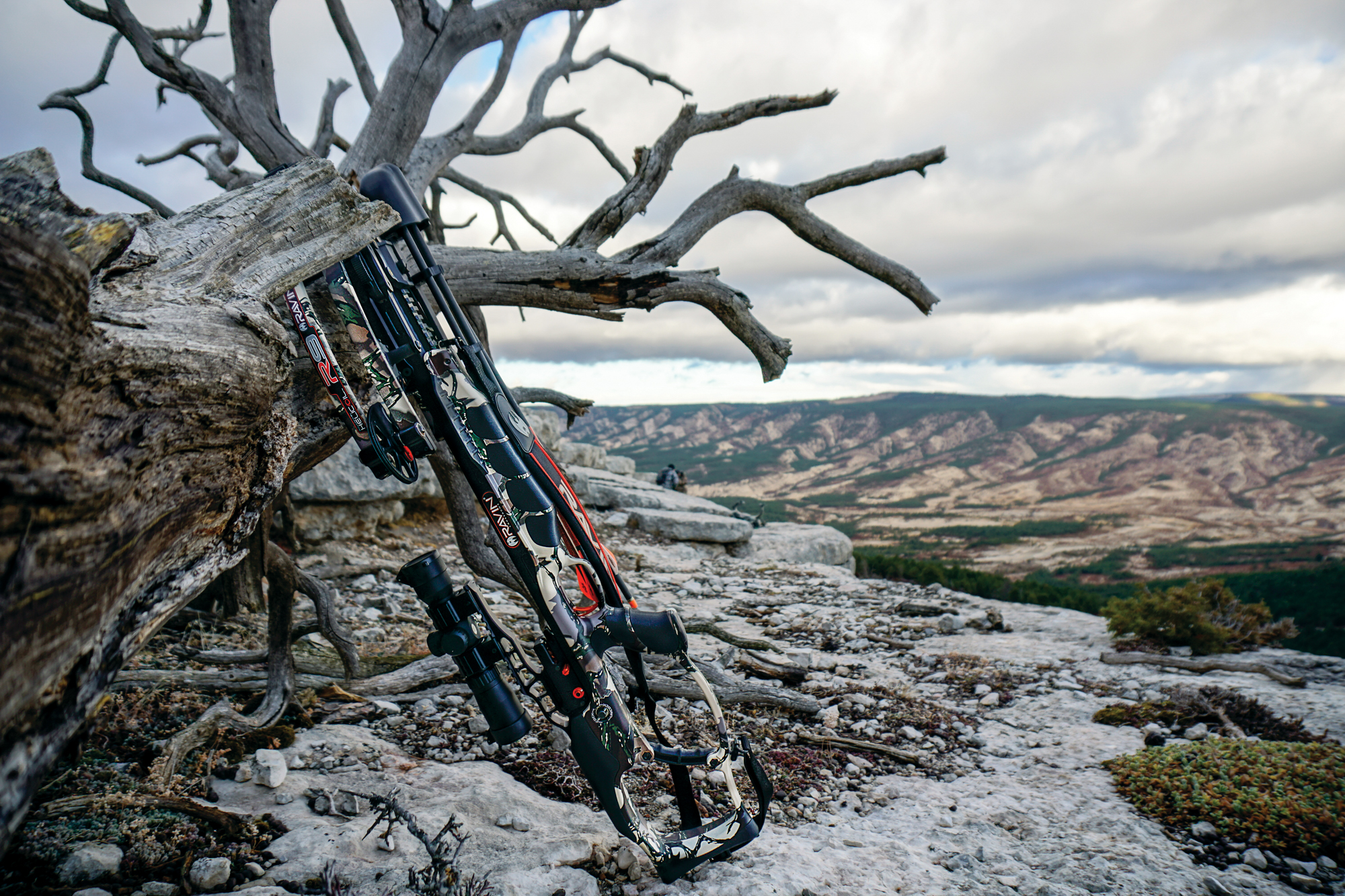 A Ravin R9 crossbow rests against a dead tree.