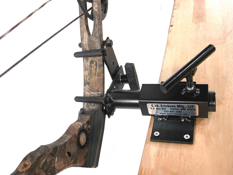 BOW VICE A bow vice is a must have. A bow vice makes putting on a rest or sight an easy job. C.W. Erickson makes a great bow vice that clamps onto the limb of the bow and can be adjusted 360 degrees so you can put the bow in the right spot so it's easy to work on. The vice can be screwed onto a work bench in a minute or less and you'll be ready to work.