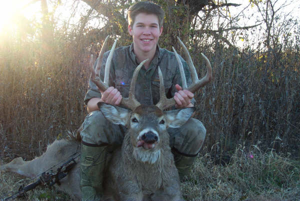 On November 9, early morning, I smoked this 164-class, 8-point at 37 yards with my PSE bruin. It came in chasing a hot doe--I finally got him to stop with the help of a buck roar call. This bruiser has 10-inch brows and 14-inch G2s.-- Marcus Brown Great Bend, Kansas