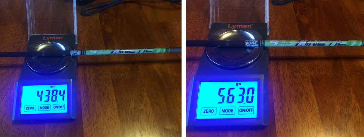 A side-by-side comparison of an arrow that weighs 438.4 grains on a scale, and the same arrow that weighs 563.0 grains on the scale after adding weed whacker line.