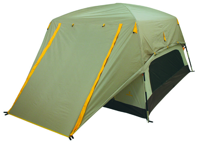 <strong>Browning Glacier Tent</strong> This new four-man tent from Browning features a free-standing, two-fiberglass-pole design. It's has a 8'x9' footprint and a center ehight of 5 feet. Total tent area is 64 square feet, and two large vestibules offer 35 square feet of storage space. It's by no means lightweight, coming in a whopping 24 pounds, but it packs down into a 9"x27" package. Straight side walls allow more room for cots. Two doors provide great ventilation and easy entry.