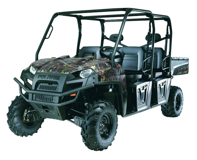 <strong>Polaris Ranger 800 Crew</strong> With a 40-horse power, 800cc EFI engine and on-demand all-wheel drive, the Ranger 800 Crew has a top speed of 46 mph. It comfortably seats up to 6 passengers and has a payload of 1,750 pounds, a 1,000-pound cargo capacity and one-ton towing capacity. Available in Sage Green, Solar Red and Mossy Oak Break-Up, as well as a Sandstone Metallic Limited Edition model.