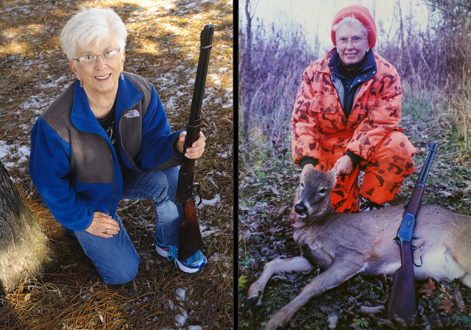 <em>The author's mother, Donna Stacy, with the Winchester Model 94. Age 79 in 2015 (left) and with a doe in 2002 (right).</em>
