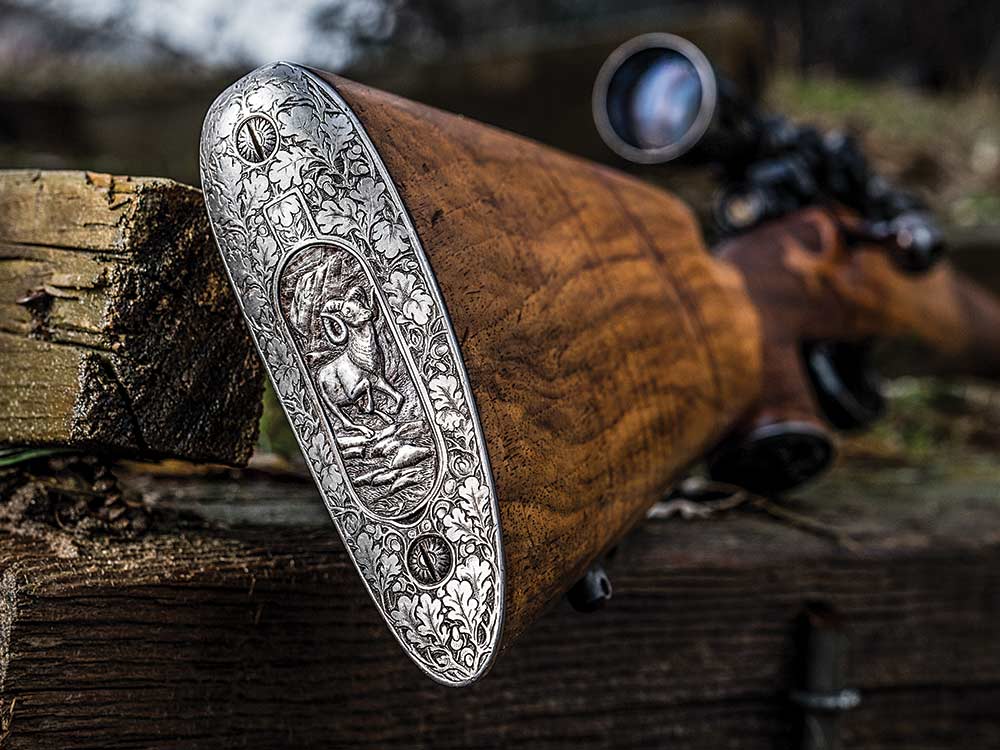 engraved steel ram rifle butt