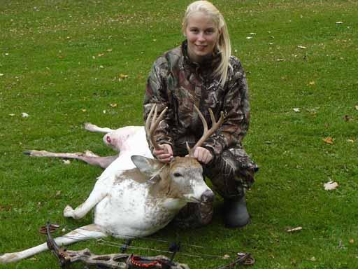 Ashley Stachowski, of Batavia, New York, initially mistook this piebald for a cow, but one look through her rangefinder and she realized it was a buck. She texted her father, who was hunting nearby, but couldn't wait for an answer. By the time he replied, Stachowski had already drawn her bow and shot the buck. "There's nothing as exciting as seeing your daughter get her first deer," Henry Stachowski told the Daily News. "You go a lot of years before you see something like this one." This is Stachowski's third hunting season and her first deer.
