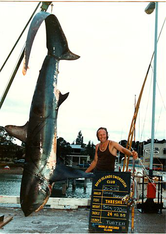 David Hannah holds the men's 50-pound line class world record for this massive thresher shark, officially weighing 767-pounds, 3-ounces. The catch was made in February, 1983 at the Bay of Islands, New Zealand.