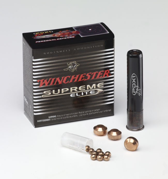 <strong>Winchester Supreme Elite PDX1 Shotshells</strong> These new personal defense loads come in both .410 (pictured) and 12-gauge configurations. The 2½" .410 loads combine three plated Defense Disc projectiles and 12 pellets of plated BB shot, and are designed for use in the Taurus Judge revolver.