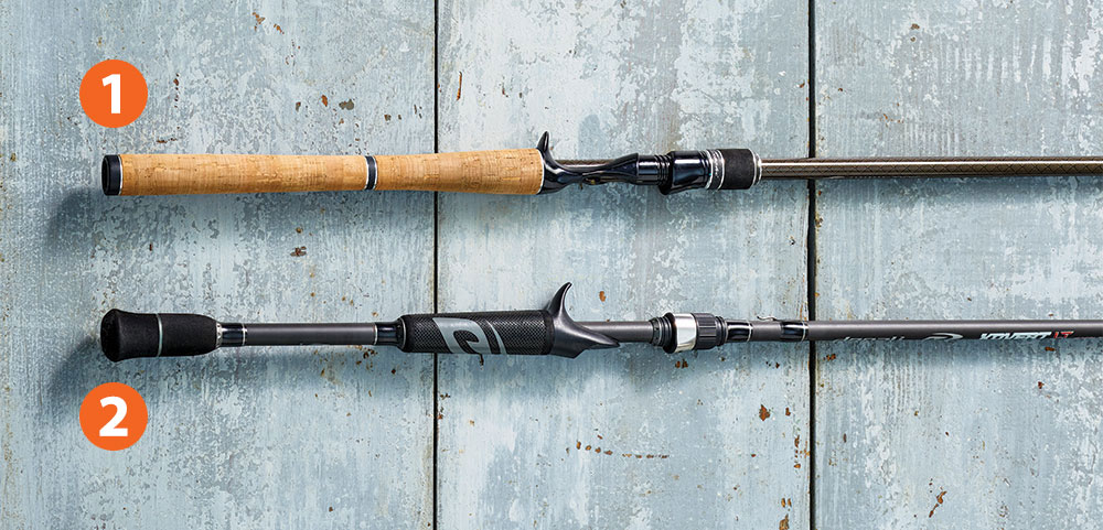 two fishing rods on a wooden background