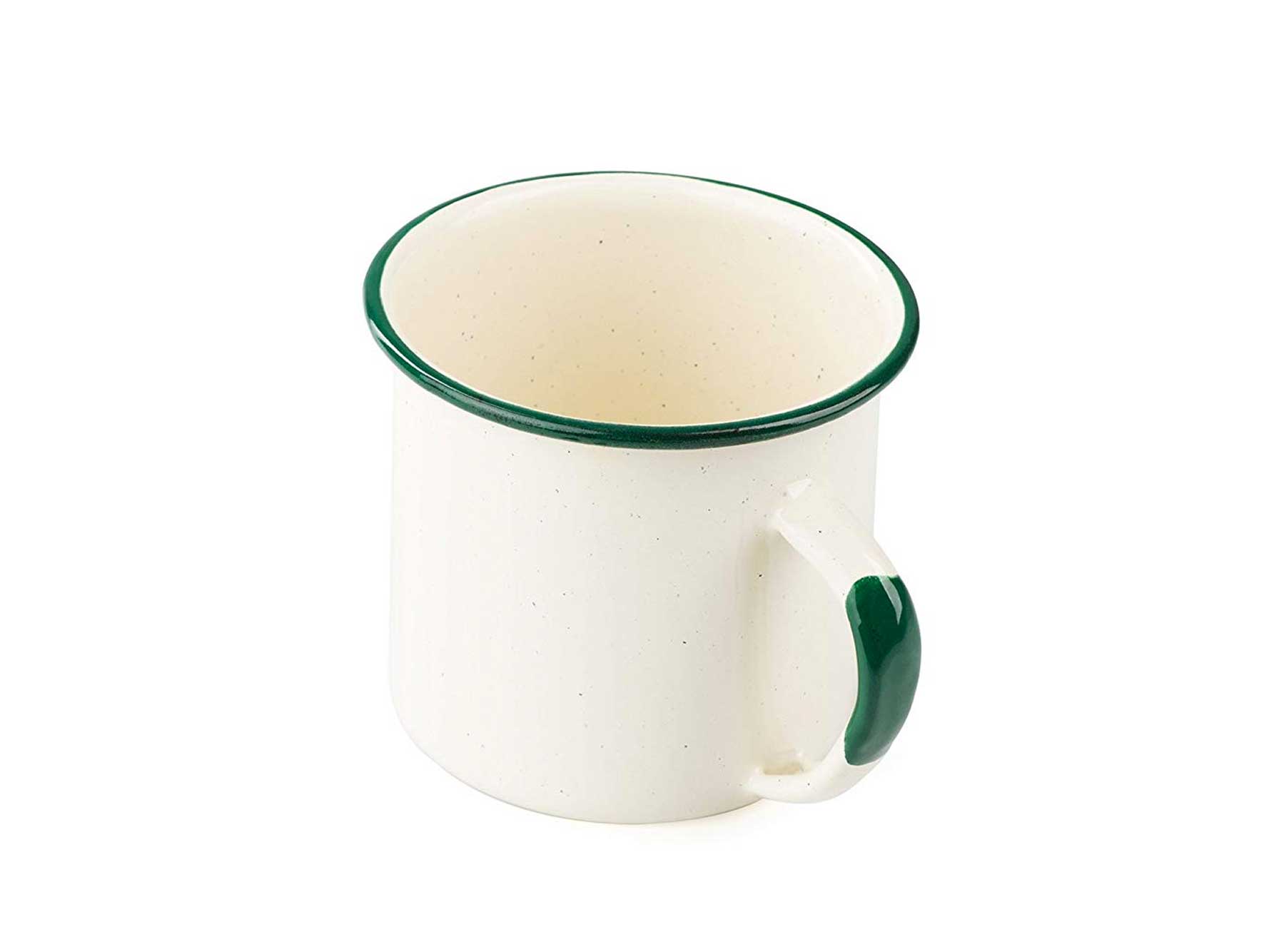 Enamelware mug with green rim and handle