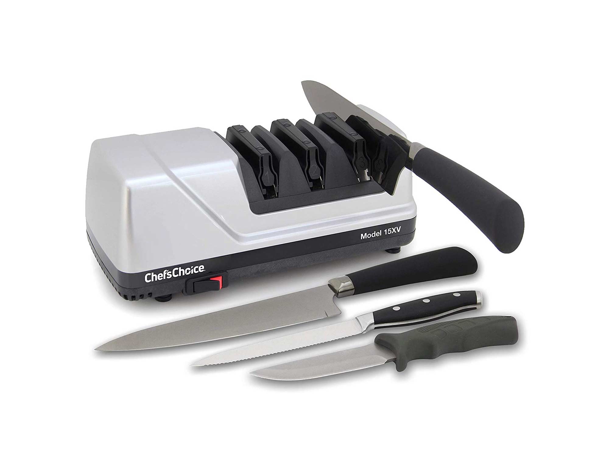A three-stage sharpener will give you the most control while repairing the edge of your knives.
