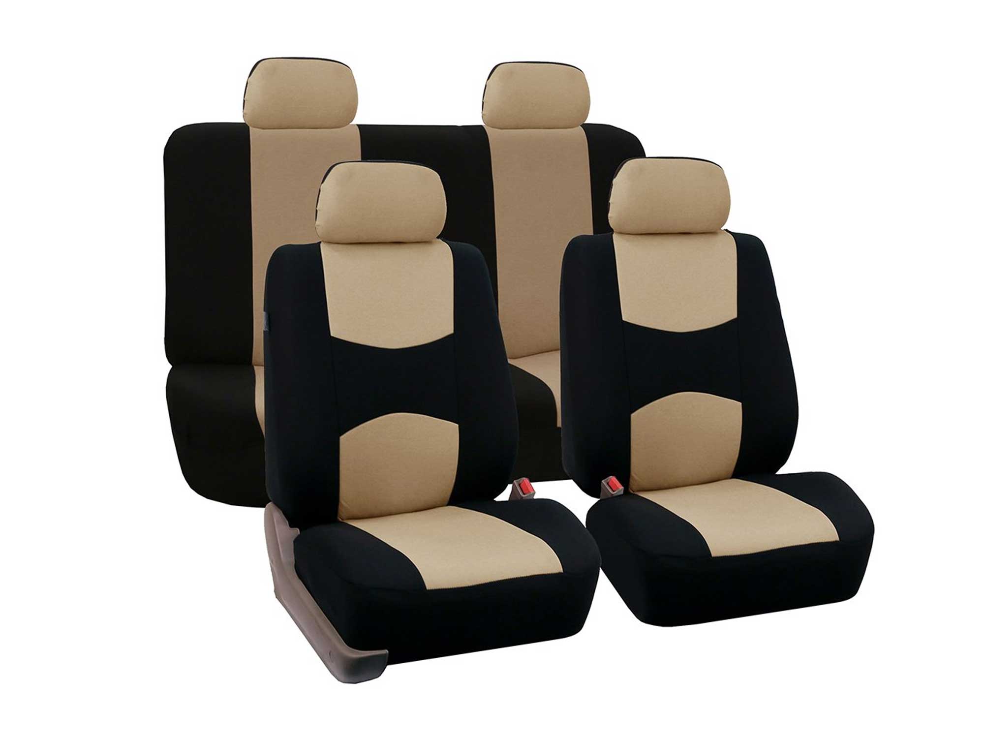 Beige and black seat covers