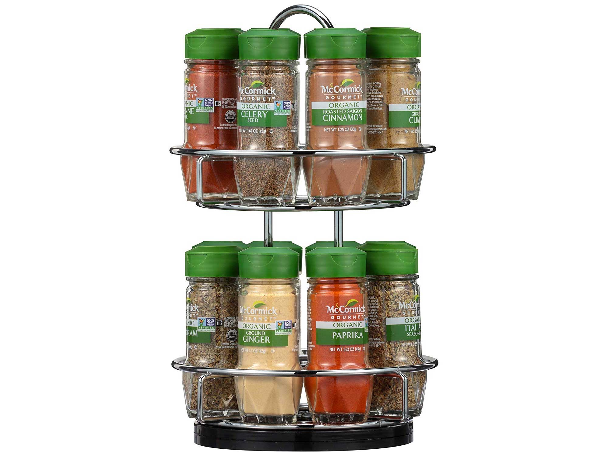McCormick Gourmet Two Tier Chrome 16 Piece Organic Spice Rack Organizer with Spices Included, 15.41 oz