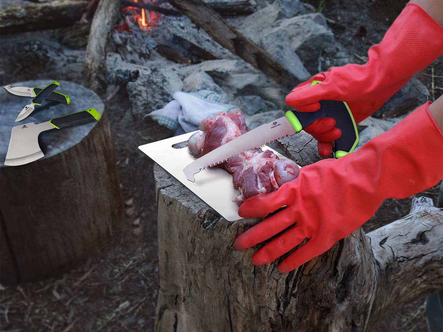 cutting game meat at a camp