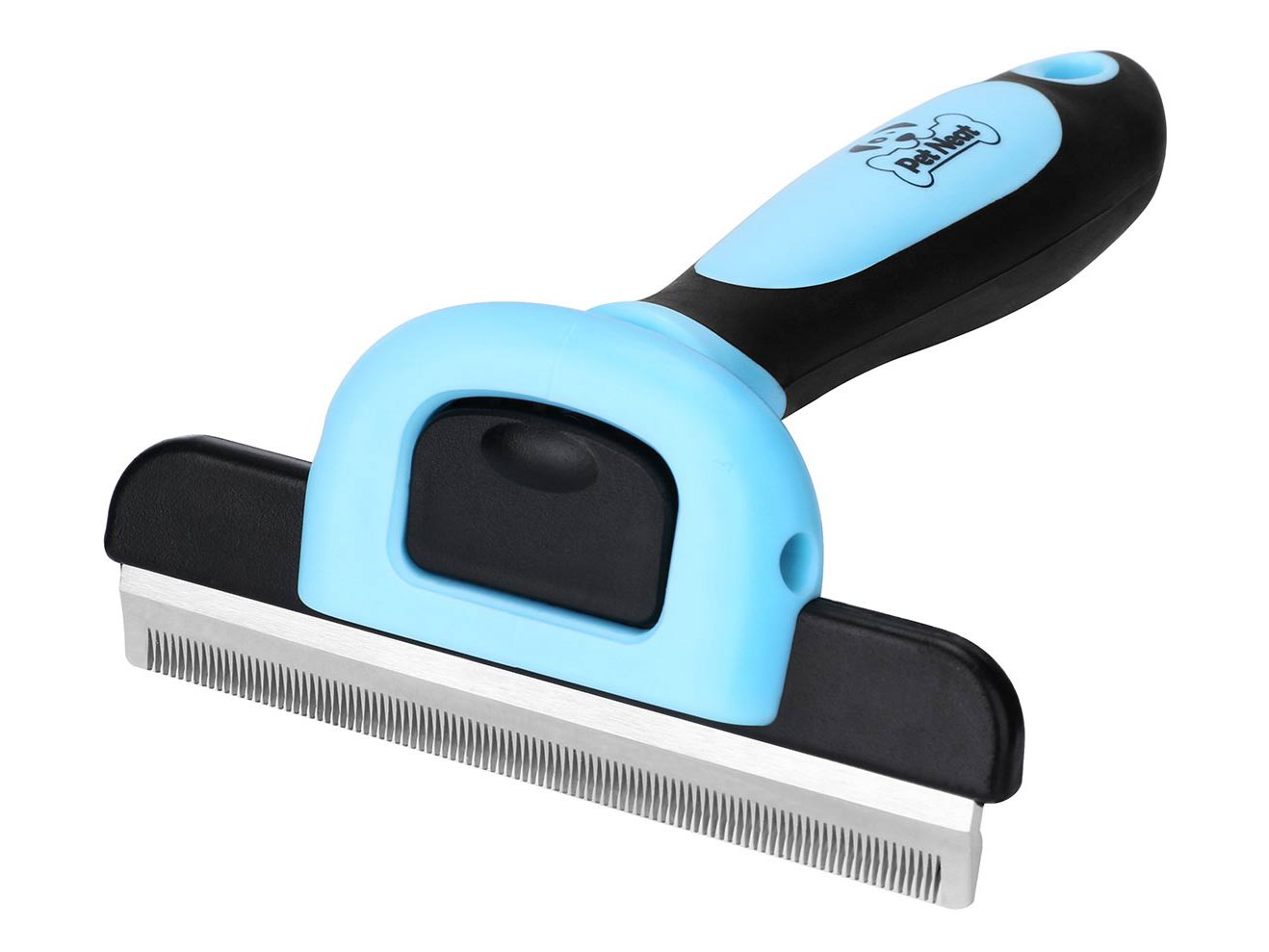 A blue pet-grooming fine-toothed brush.