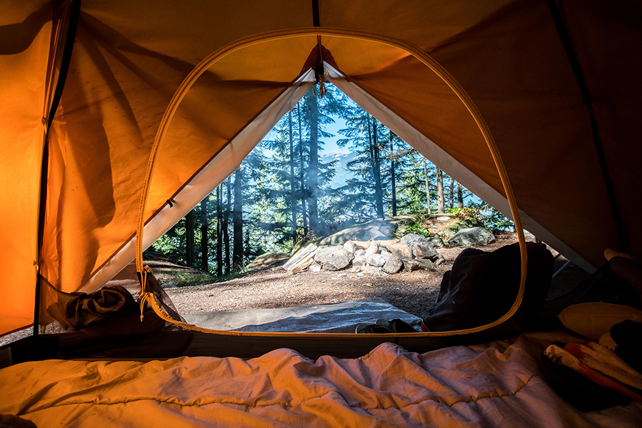 the view outside of a camping tent.
