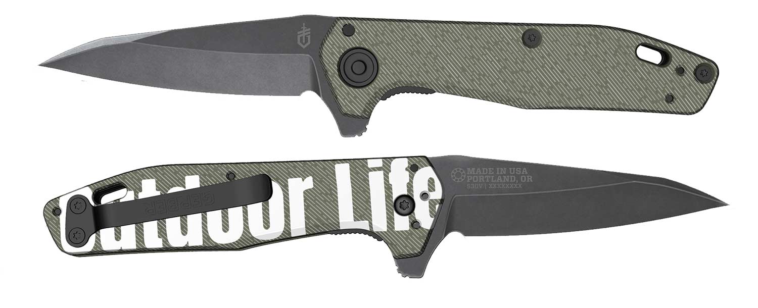 Geber Custom Knife with the Outdoor Life logo.