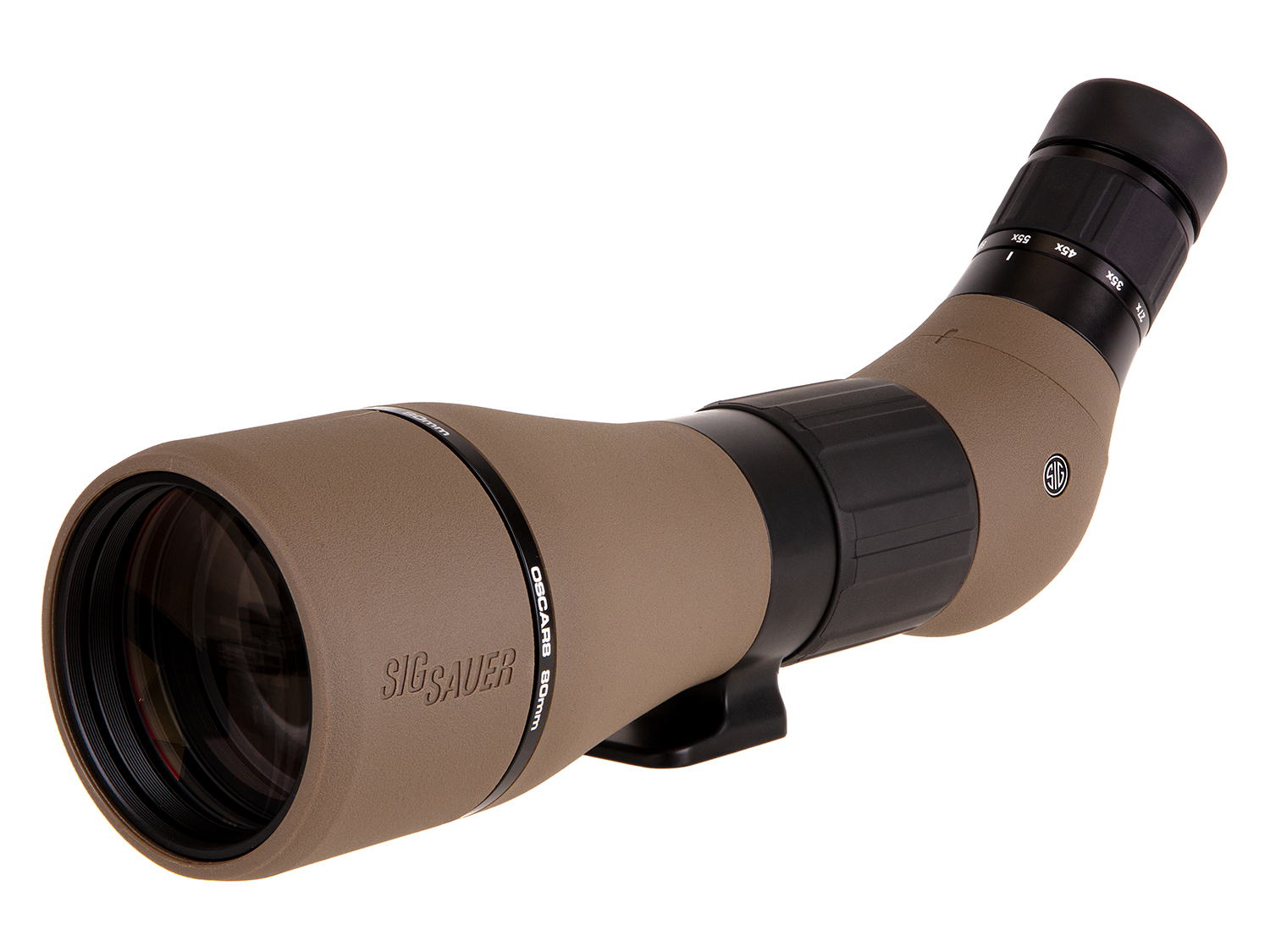 A brown spotting scope on a white background.