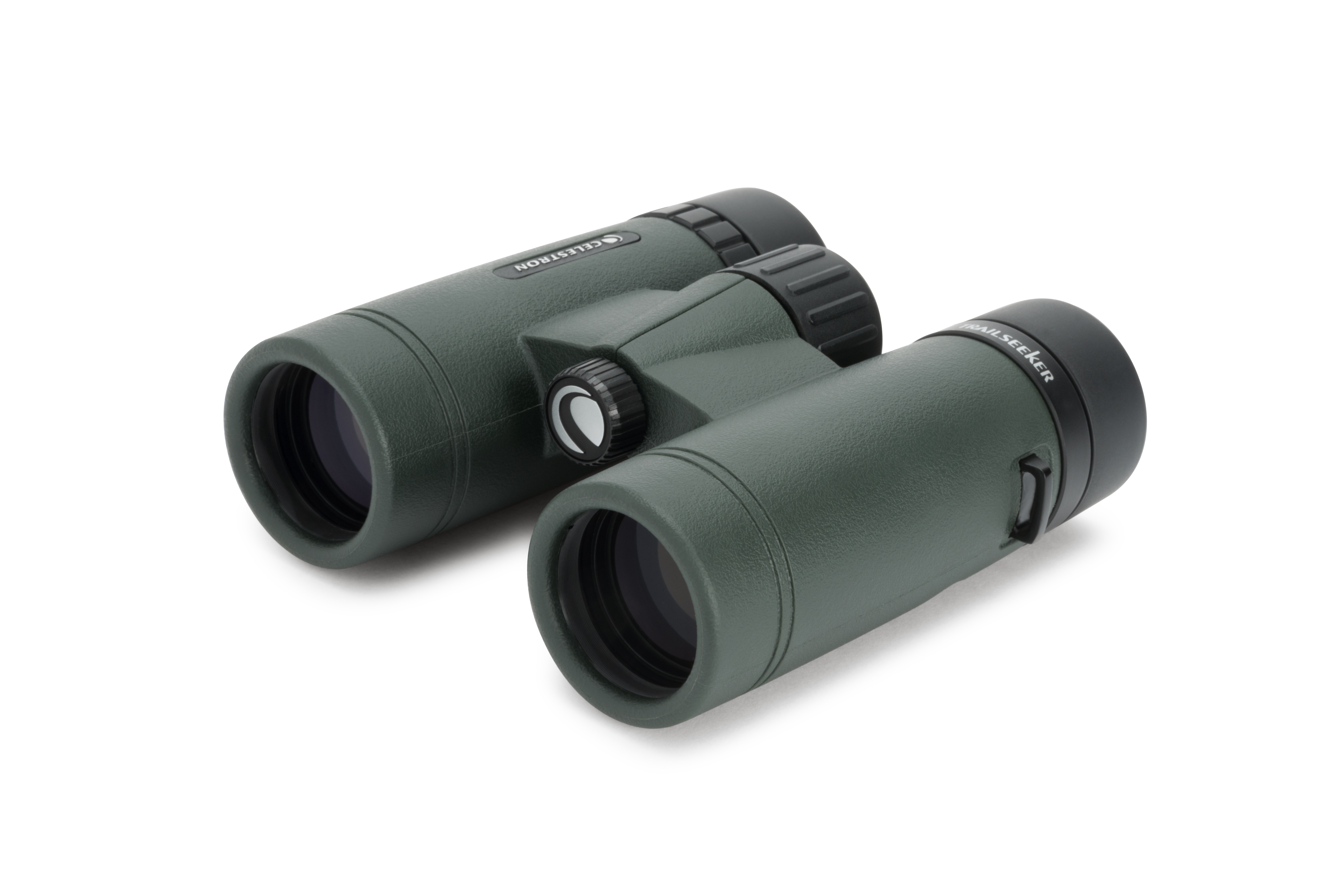 A pair of greenish grey binoculars on a white background.
