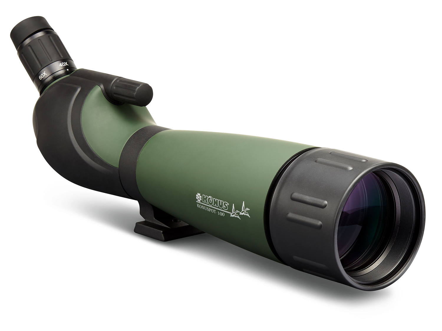 A green and black spotting scope on a white background.