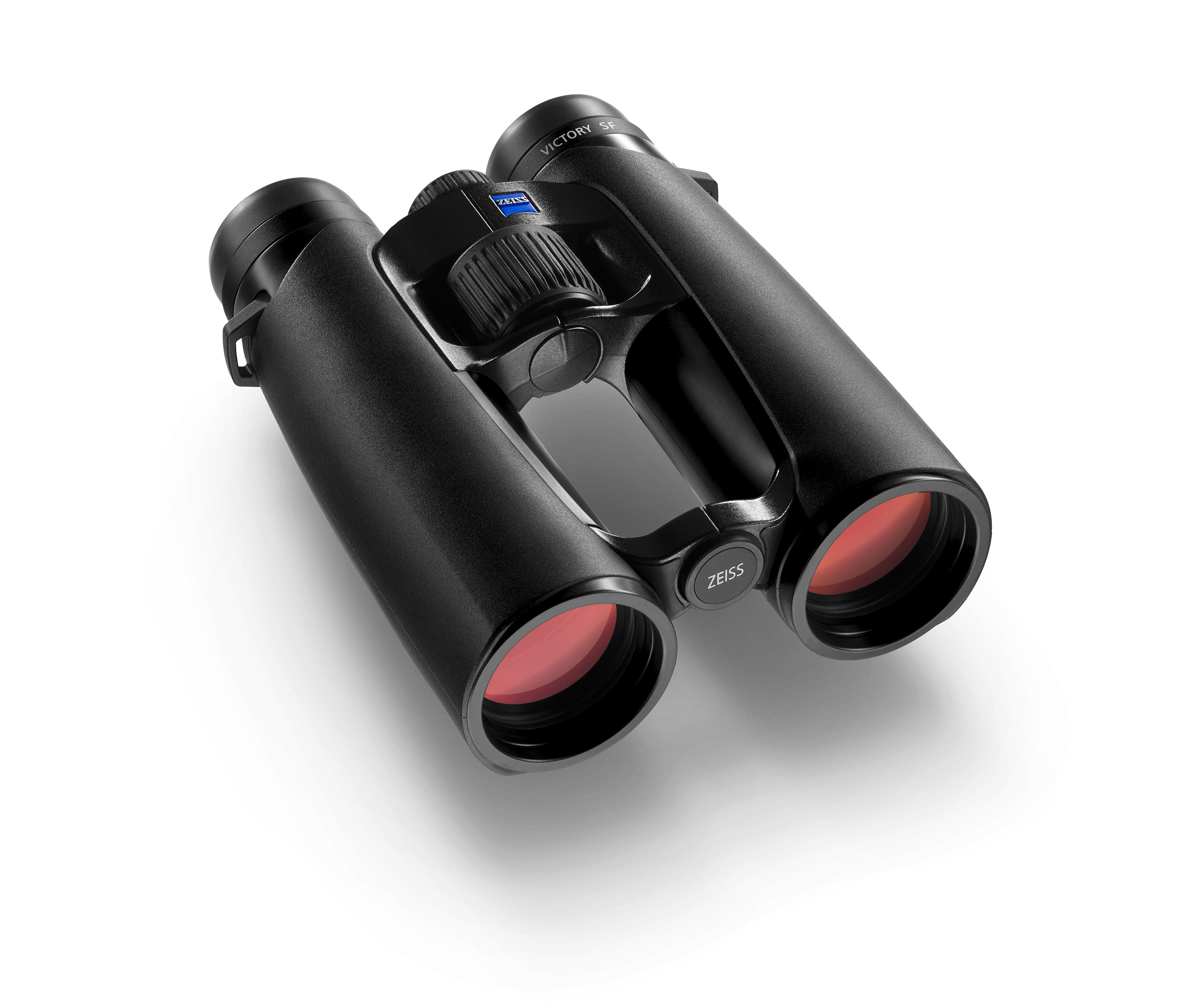 A black binocular with red lenses on a white background.