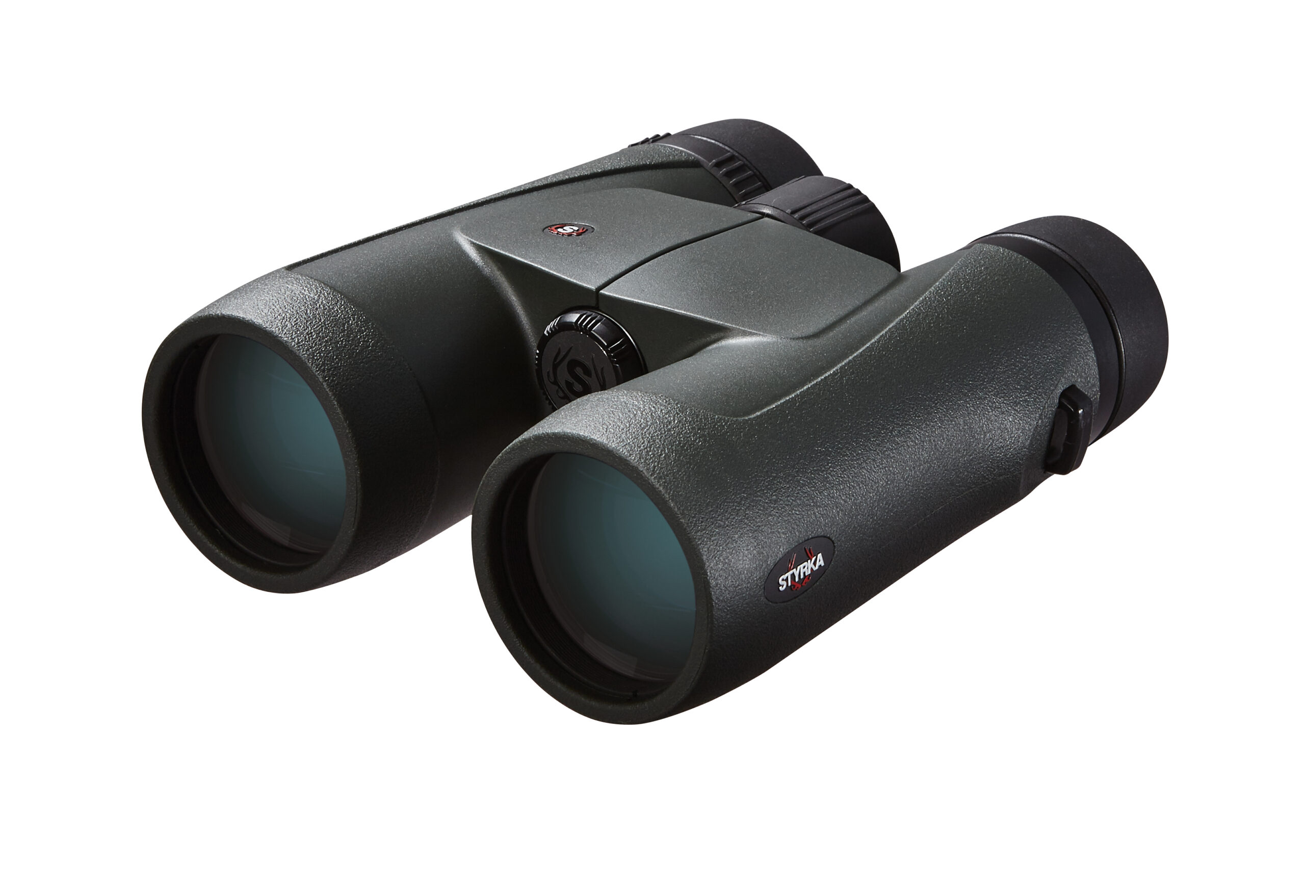 A pair of black binoculars on a white background.