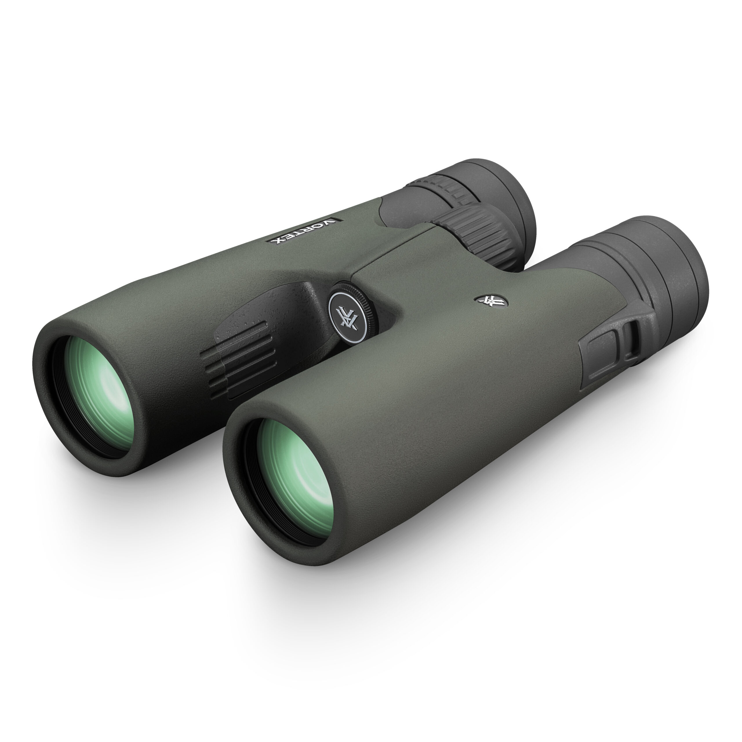 Green binoculars with blue lenses on a white background.