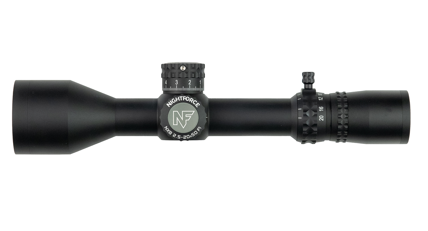 Nightforce NX8 2.5-20x50 riflescope on a white background
