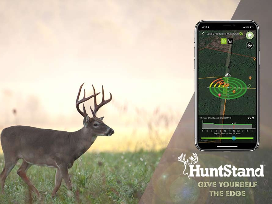 An image of a whitetail buck walking in a field, overlayed with a branding lockup showing the HuntStand app, logo, and tagline: 