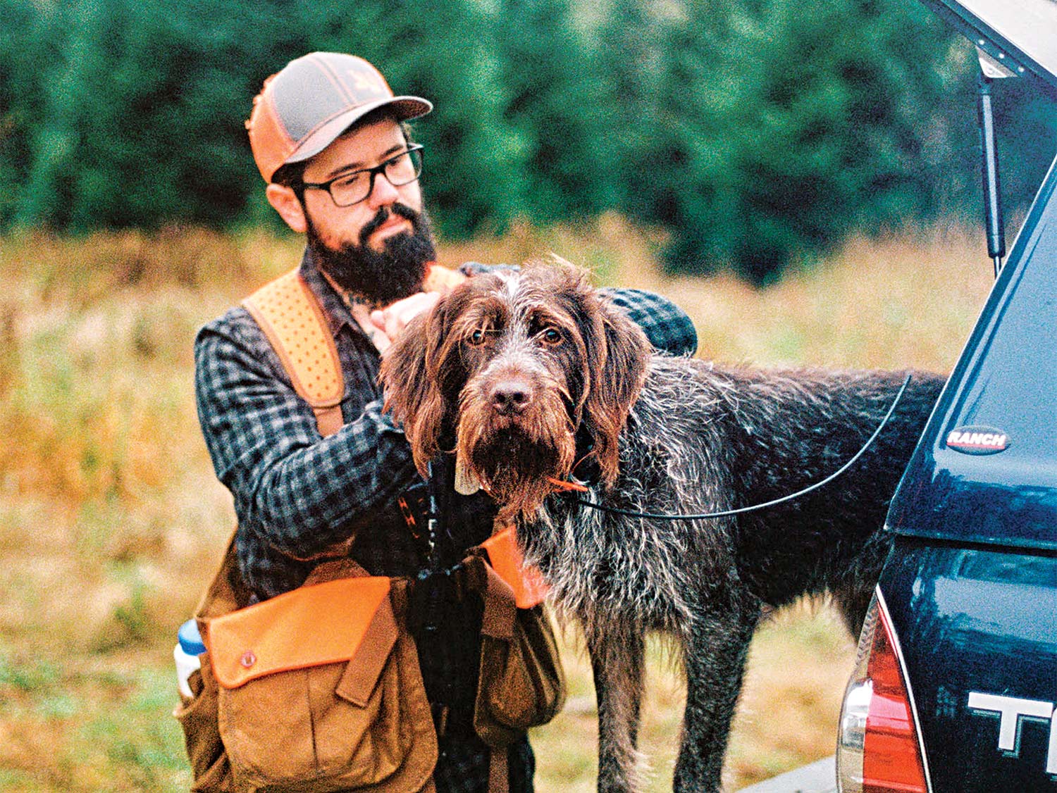 A bearded man wearing glasses and orange reflective hunting gear collars his hunting dog that is standing in the bed of the hunter's truck.