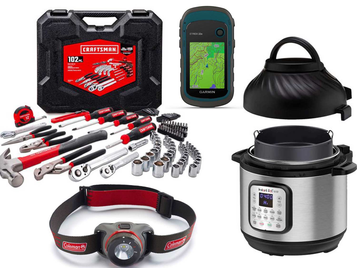 A collage of outdoor gear: Garmin wayfinder, headlamp, pressure cooker, and craftsman toolset on a white background.