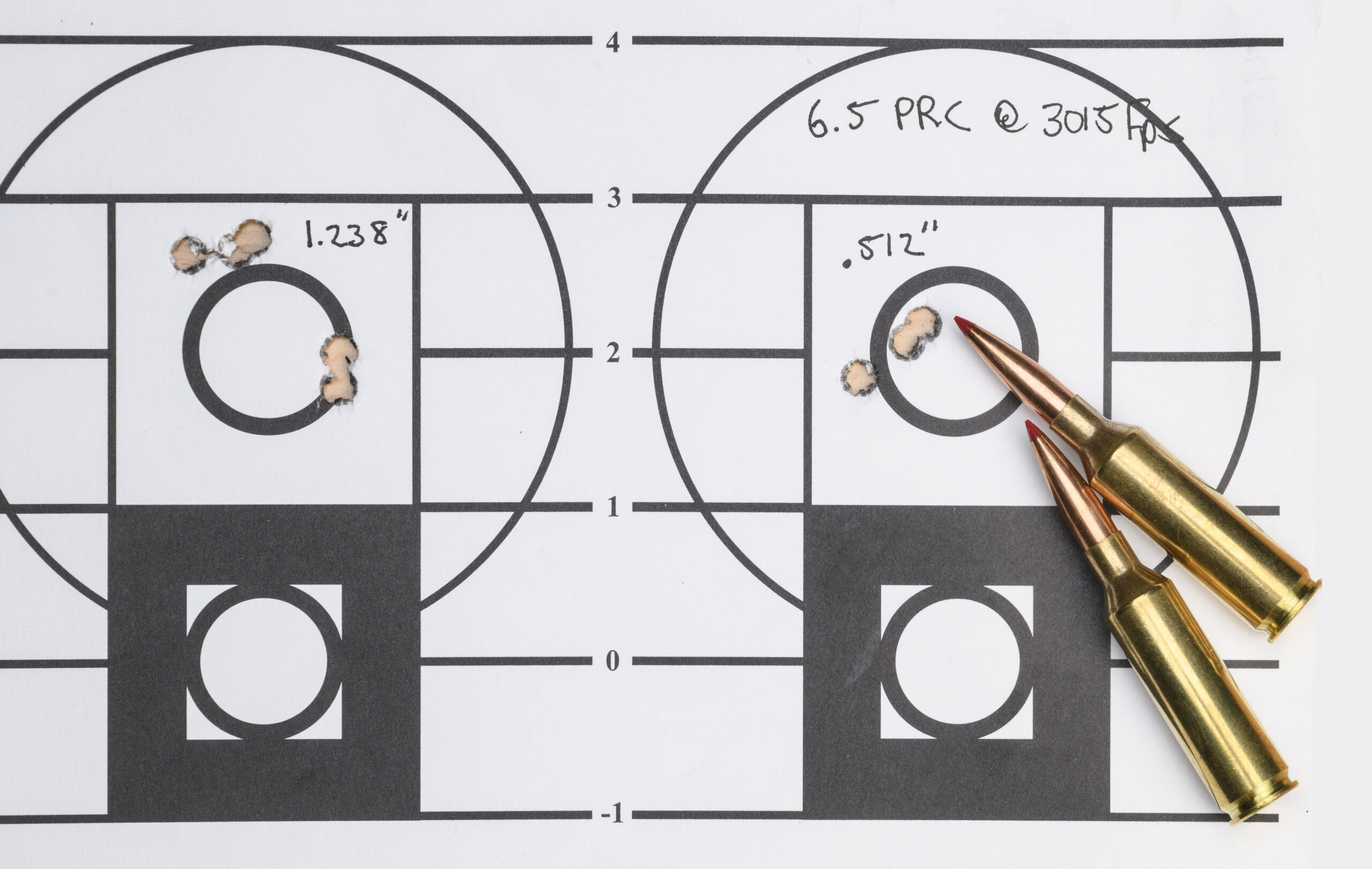 A side-by-side comparison on a paper rifle target of a group of five bullet holes, slightly larger than the tighter group of three bullet holes.