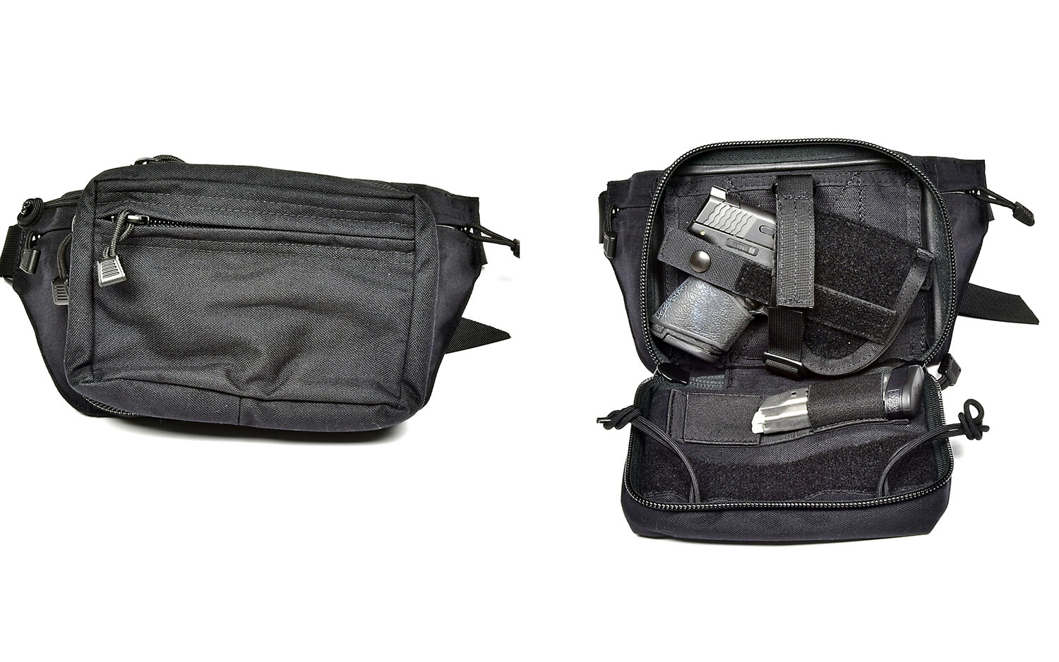 A black waist pack on a white background.