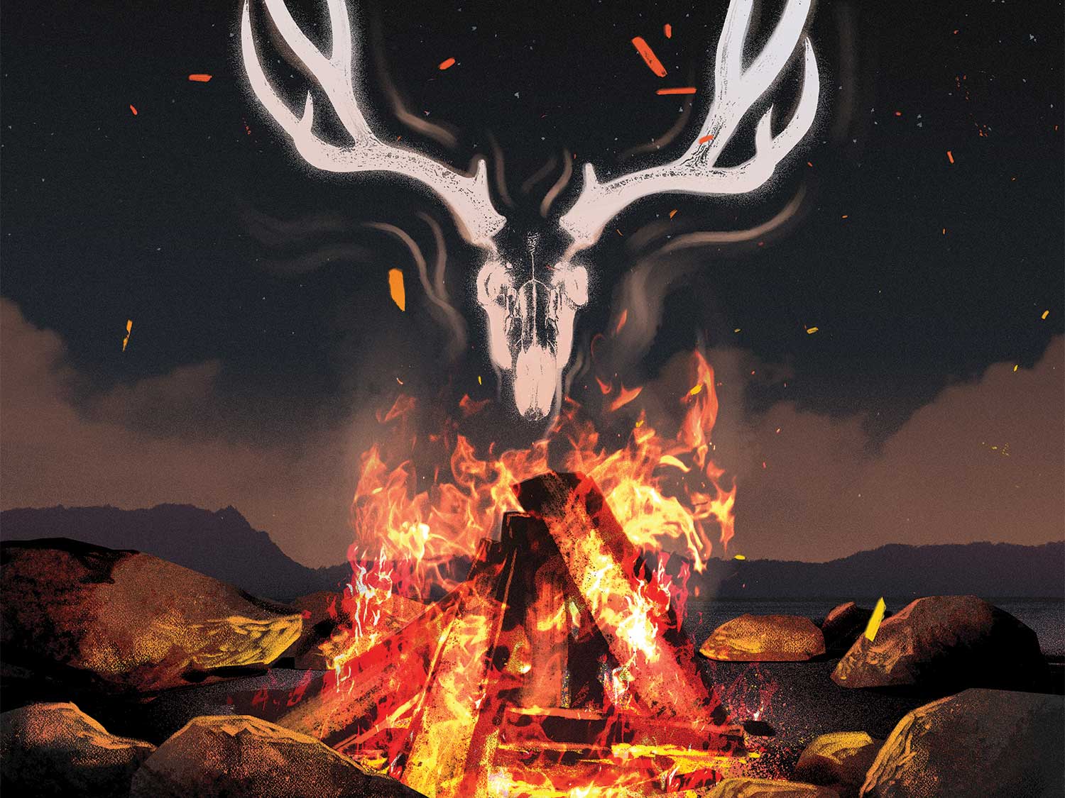 Illustration of a campfire smoke creating a smoke signal of a deer skull and antlers.