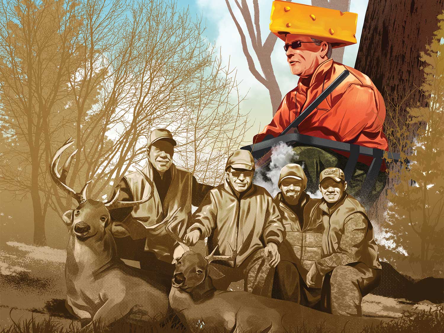 Illustration of hunters kneeling behind deer while one wears a cheese wedge shaped hat.