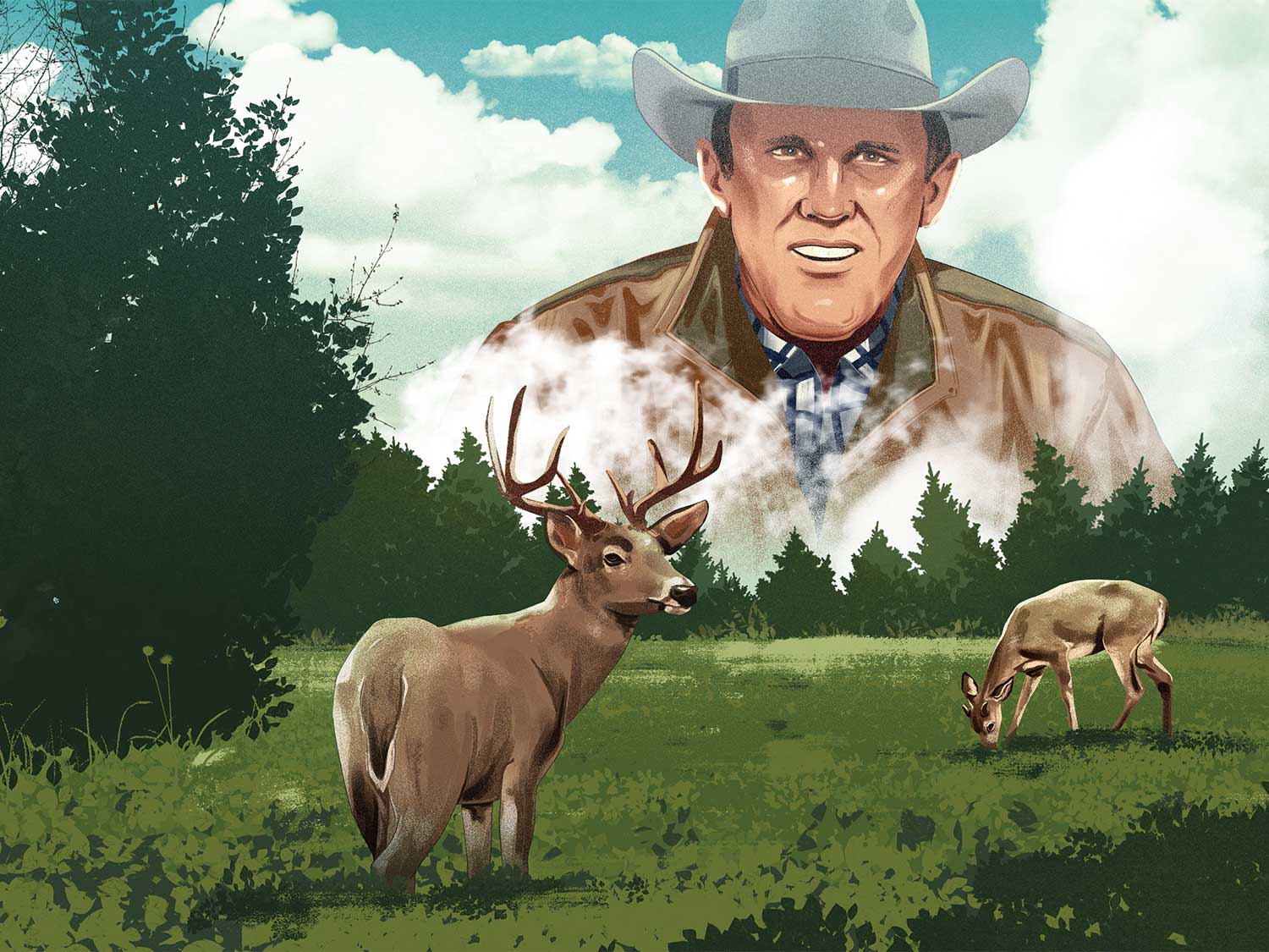 Illustration of a man overlooking a field of deer.