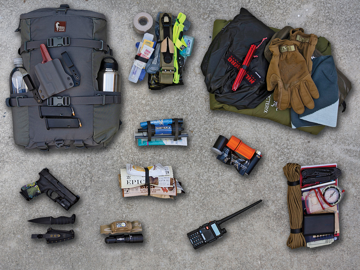 A collage of supplies and gear arranged on a concrete background.