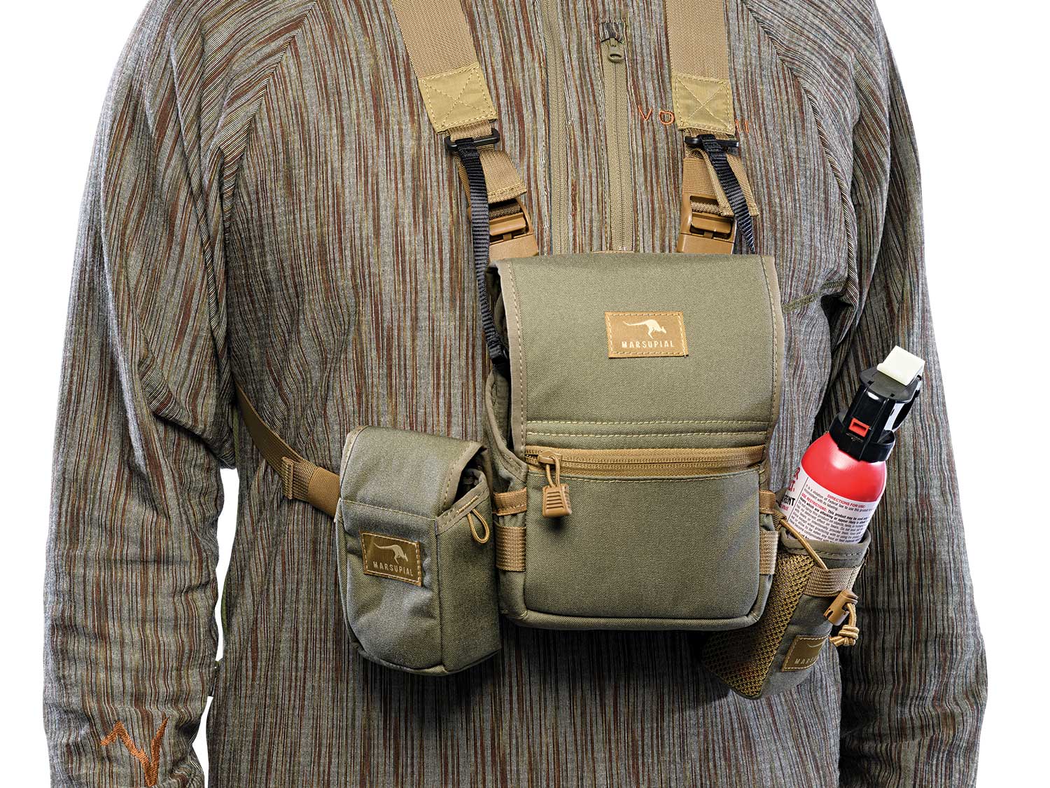 Marsupial Gear Bino Pack on a hunting gear model.