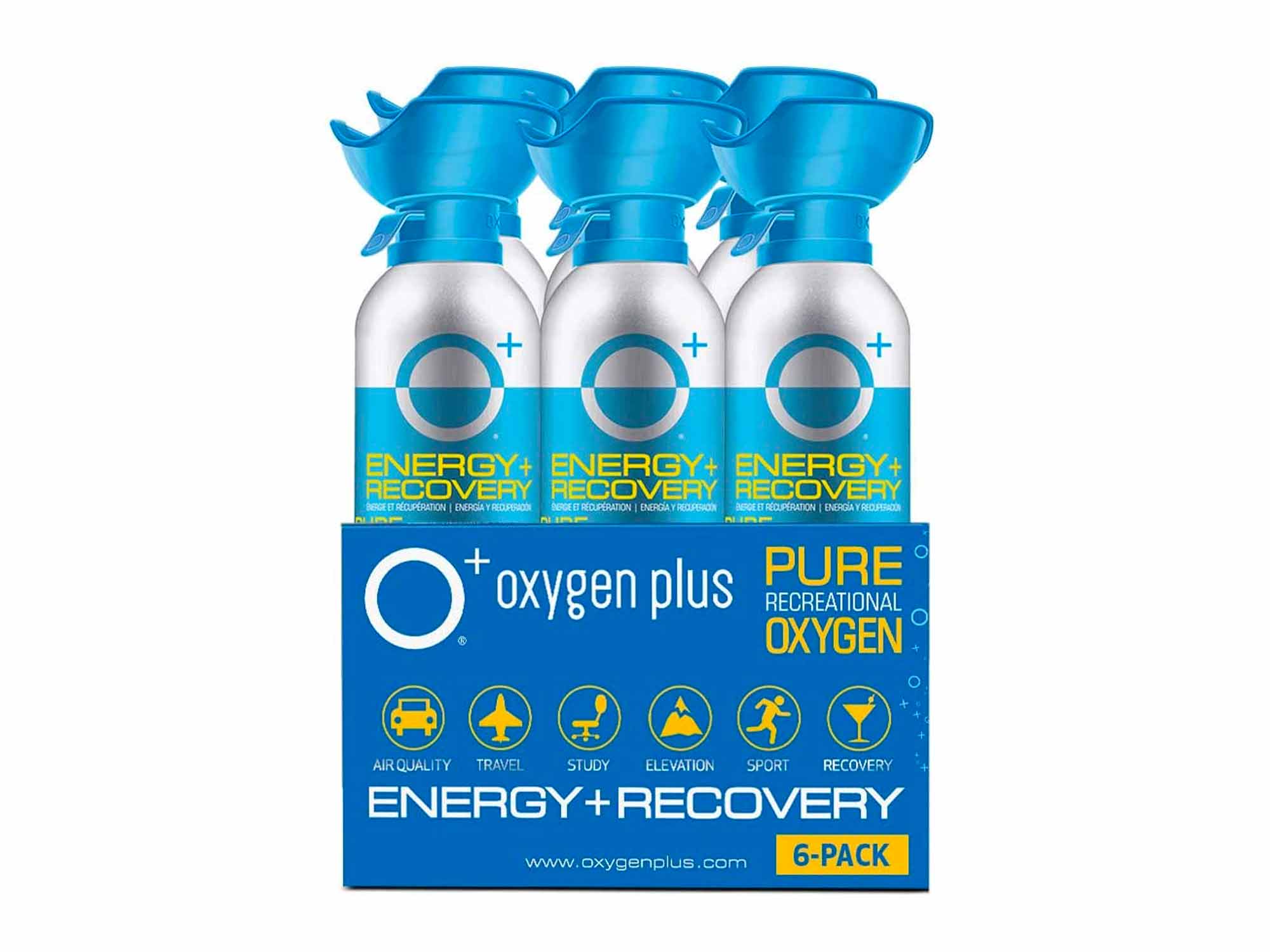 Oxygen Plus 99.5% Pure Recreational Oxygen Cans – O+ Biggi 6-Pack – Energy & Recovery – 11 Liter Cans, 50+ Uses – FDA-Registered Facility Oxygen – Canned Oxygen for Sports and Post Workout
