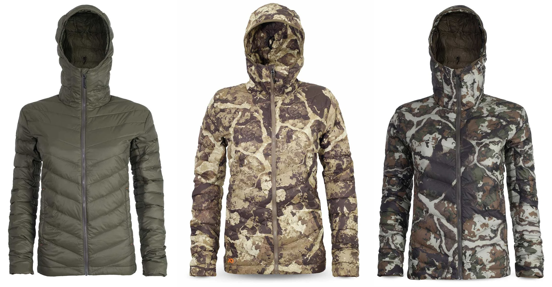 Three camo and green puffy jackets with hoods on a white background.
