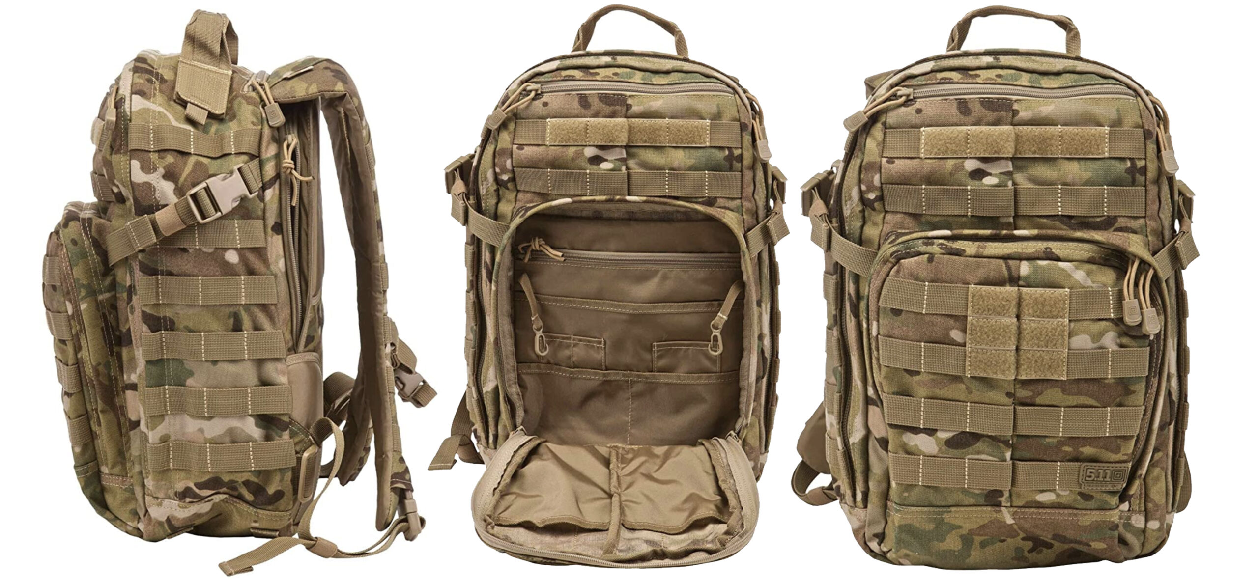 A camo and tan backpack with MOLLE webbing on a white background.