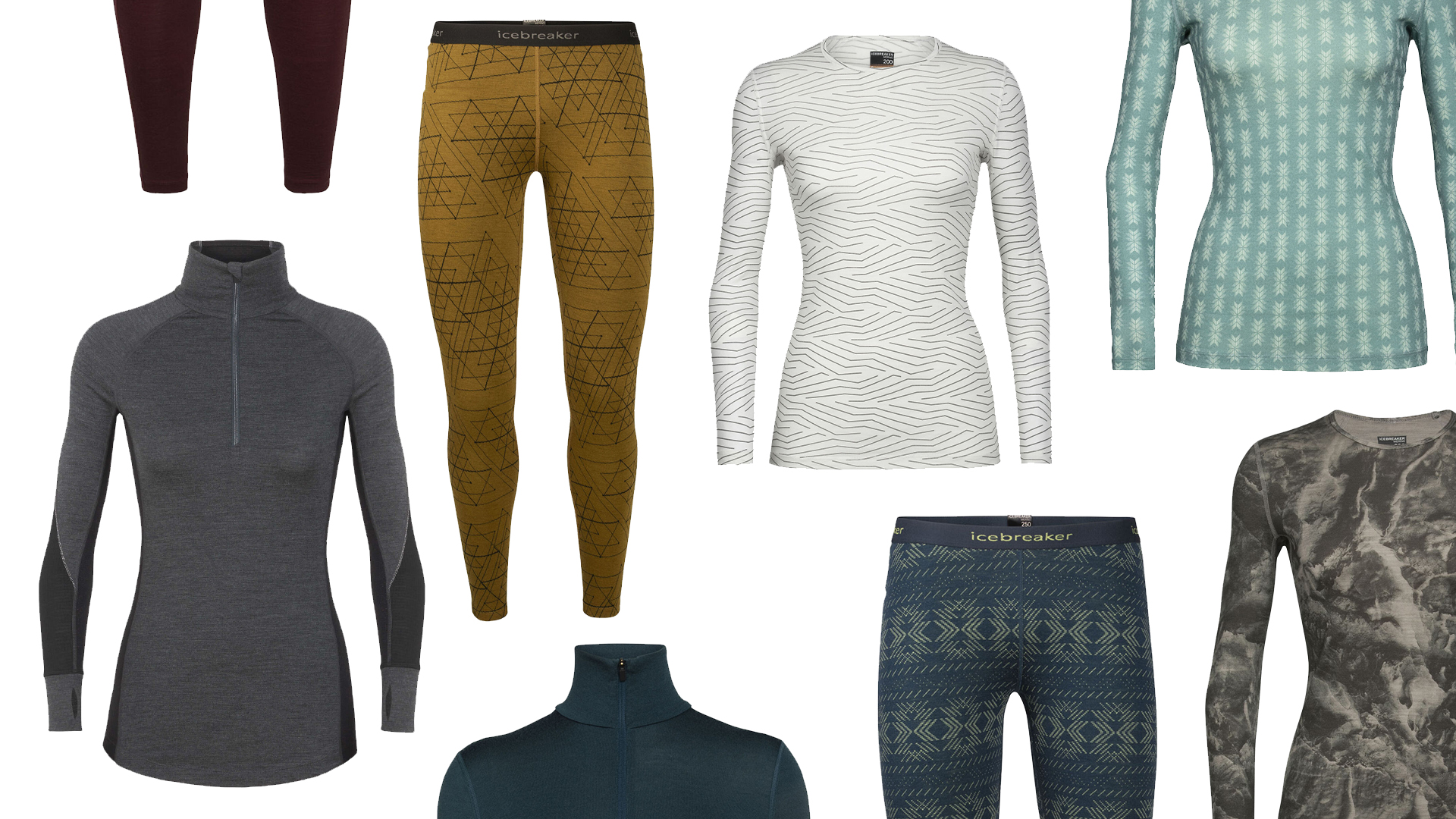Assorted color and patterns of women's wool baselayers on a white background.