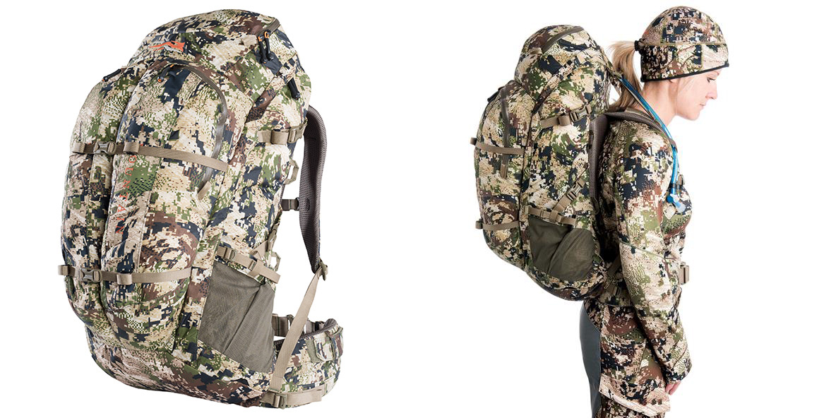 A camo backpack on a white background besides a woman with the same backpack on it.
