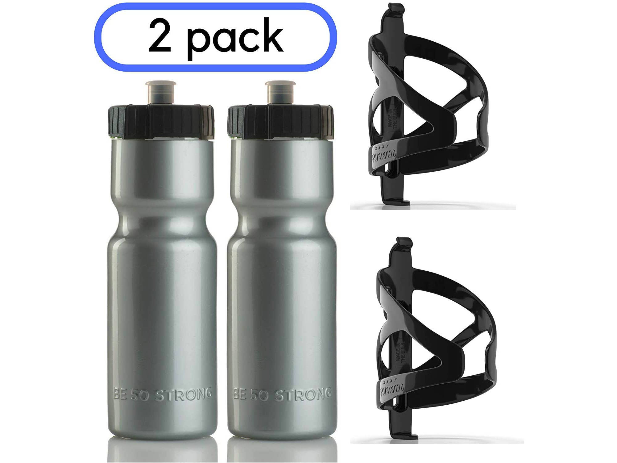 50 Strong Bike Bottle Holder with Water Bottle - 2 Pack - 22 oz. BPA Free Bicycle Squeeze Bottle and Durable Plastic Holder Cage- Made in USA