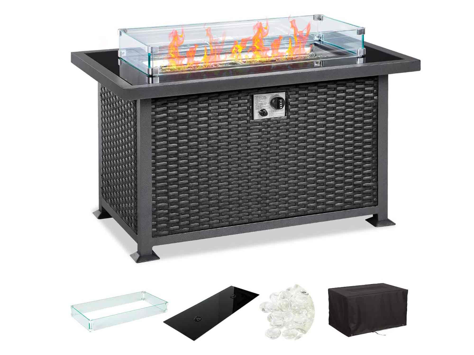 U-MAX 44in Outdoor Propane Gas Fire Pit Table, 50,000 BTU Auto-Ignition Gas Firepit with Glass Wind Guard, Black Tempered Glass Tabletop & Clear Glass Rock, Black PE Rattan, CSA Certification