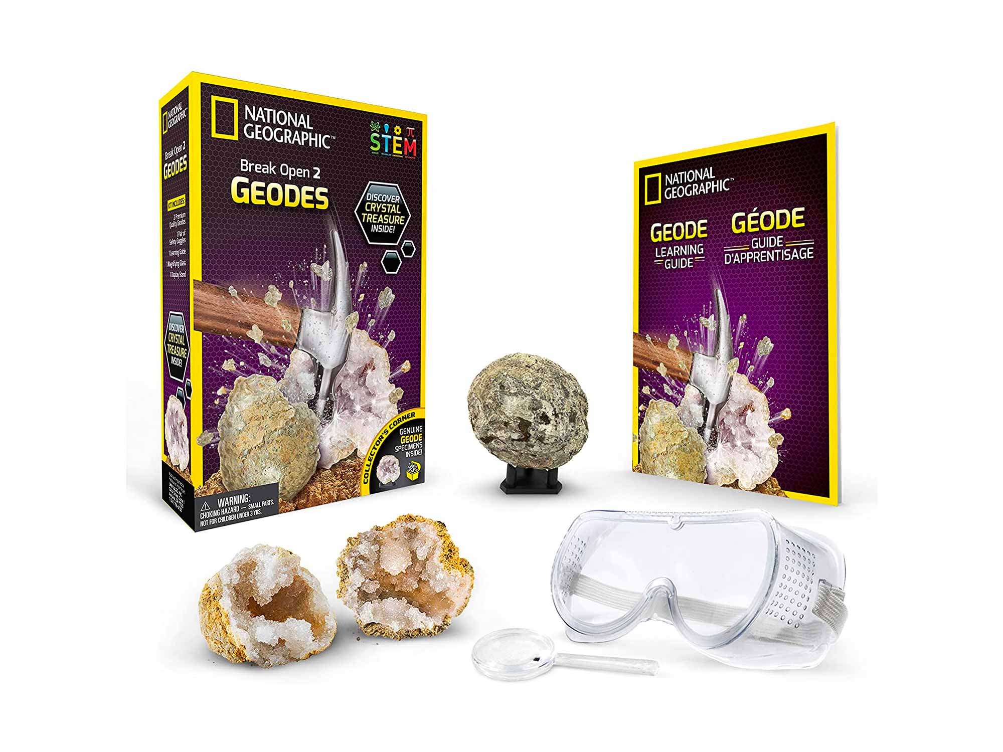 NATIONAL GEOGRAPHIC Break Open 2 Geodes Science Kit – Includes Goggles, Detailed Learning Guide and Display Stand - Great STEM Science gift for Mineralogy and Geology enthusiasts of any age