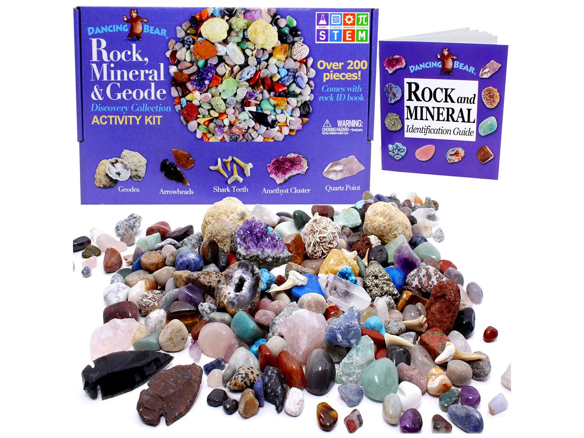 Dancing Bear Rock & Mineral Collection Activity Kit (200+Pcs) with Geodes, Shark Teeth Fossils, Arrowheads, Crystals, Gemstones for Kids, Rock Book, Treasure Hunt ID Sheet, STEM Science Education