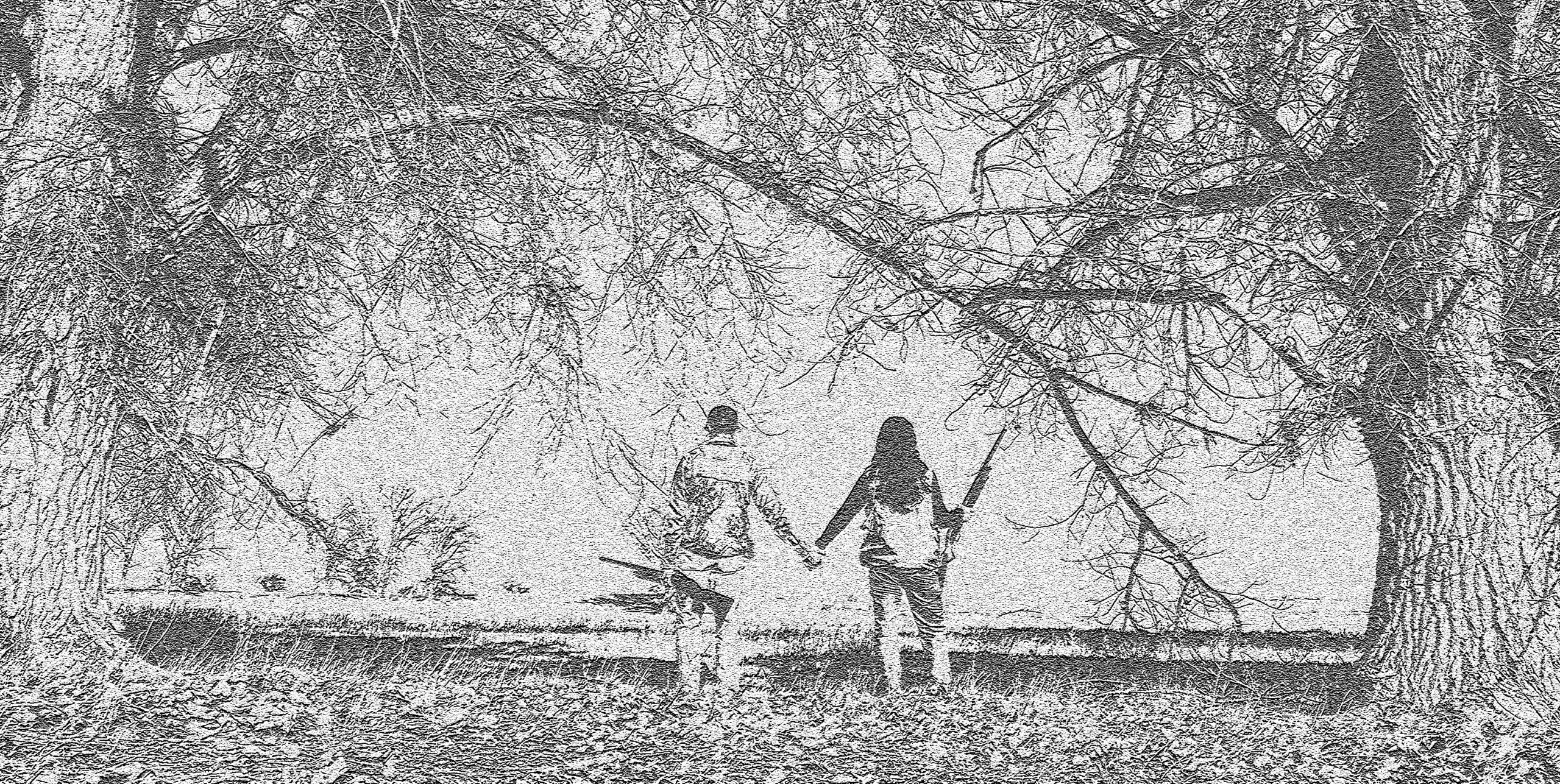 a black and white sketched image of a man and woman hunter holding hands