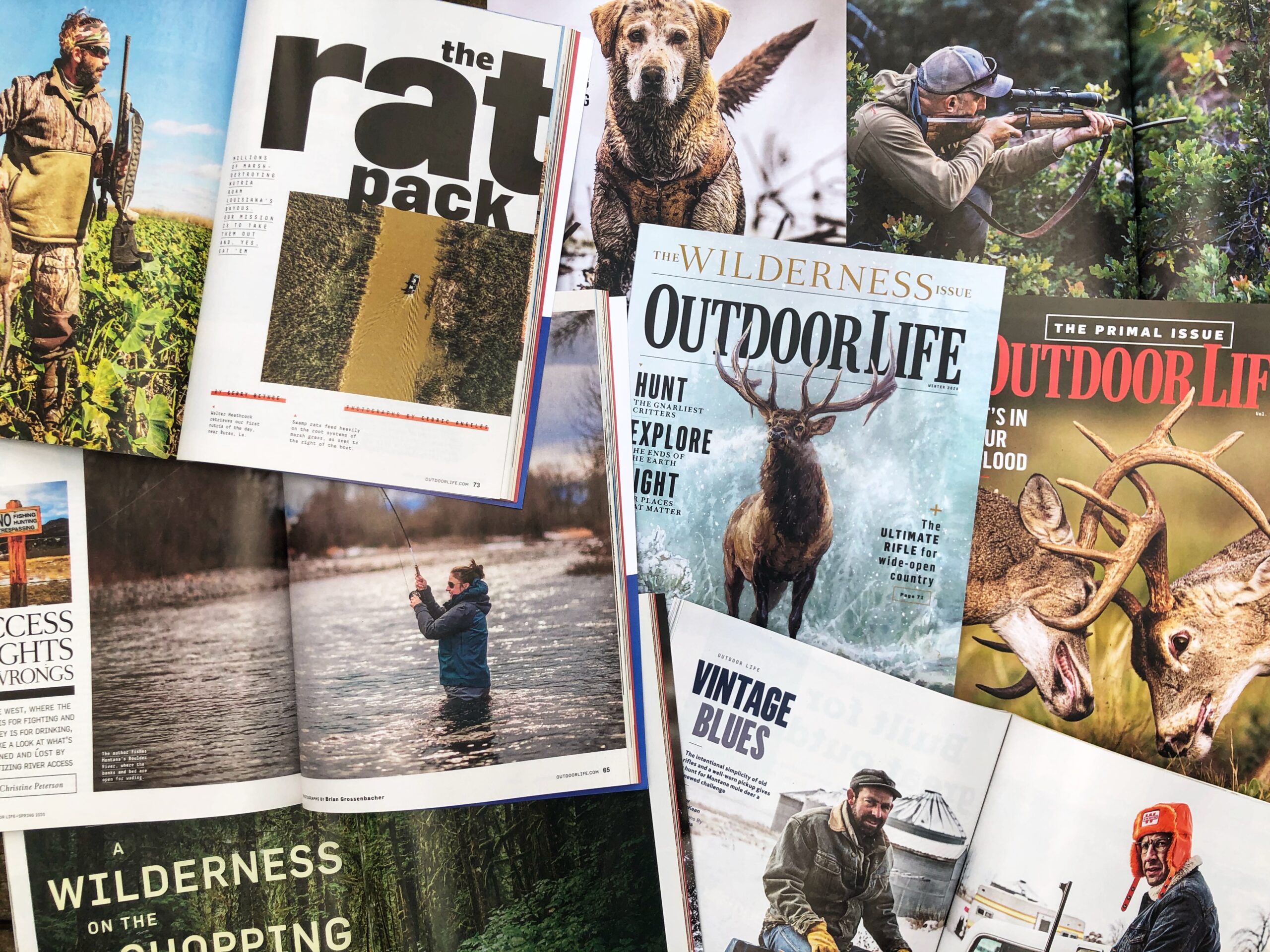 An assortment of Outdoor Life magazine covers and story pages about deer hunting, fishing, and more from 2020.