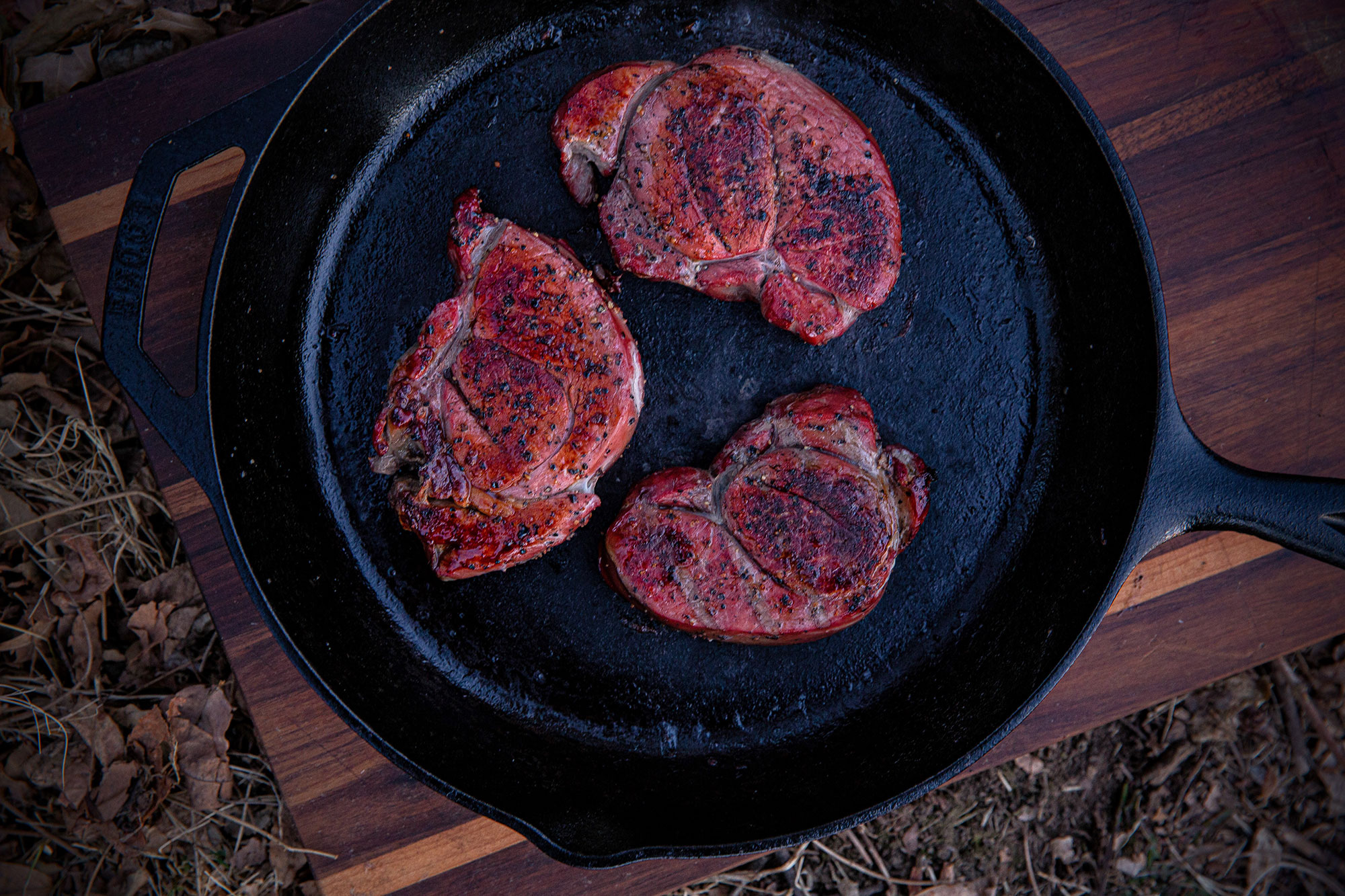 Perfectly cooked wild game venison steaks in a cast iron skillet.