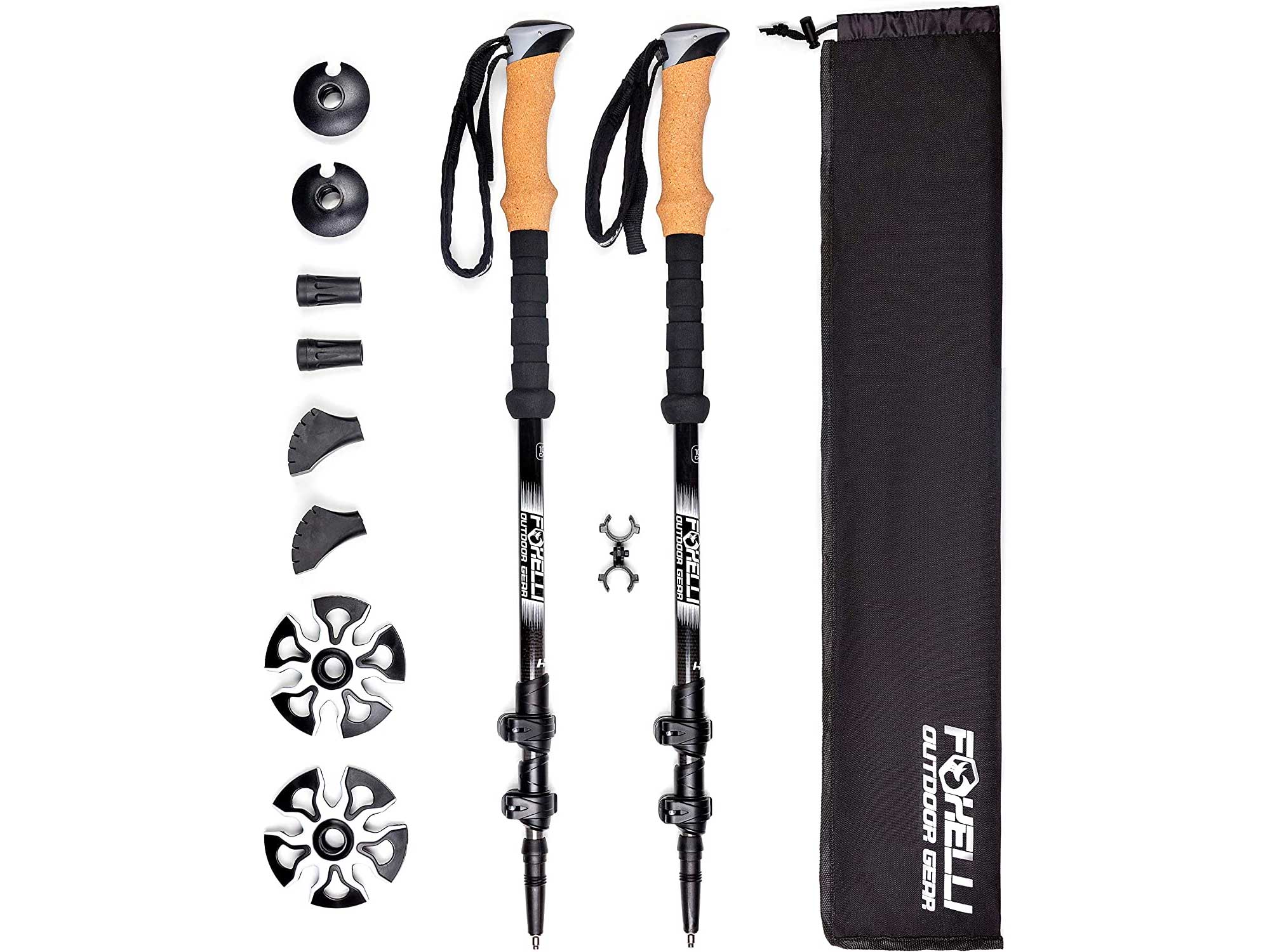 Foxelli Carbon Fiber Trekking Poles – Collapsible, Lightweight, Shock-Absorbent, Hiking, Walking & Running Sticks with Natural Cork Grips, Quick Locks, 4 Season/All Terrain Accessories and Carry Bag